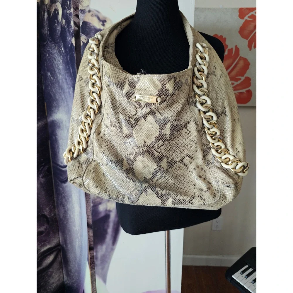 Michael Kors Snakeskin Embossed Leather Hobo Bag Gold Chain Link Beige Brown